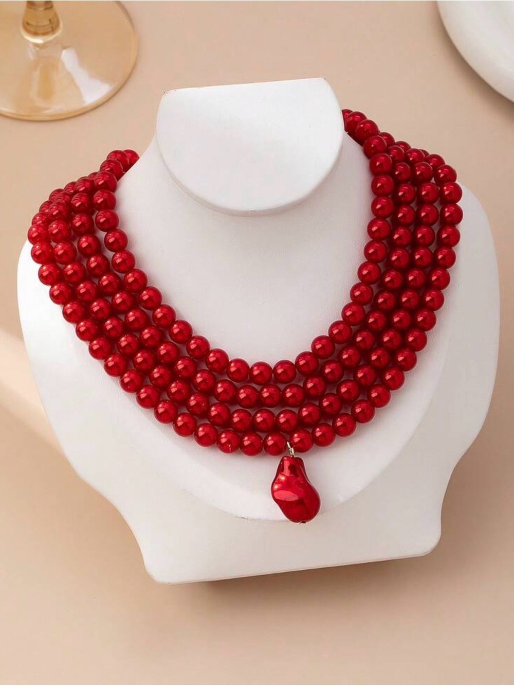 Statement Red Multi-Strand Beaded Necklace | Bold Chunky Layered Necklace